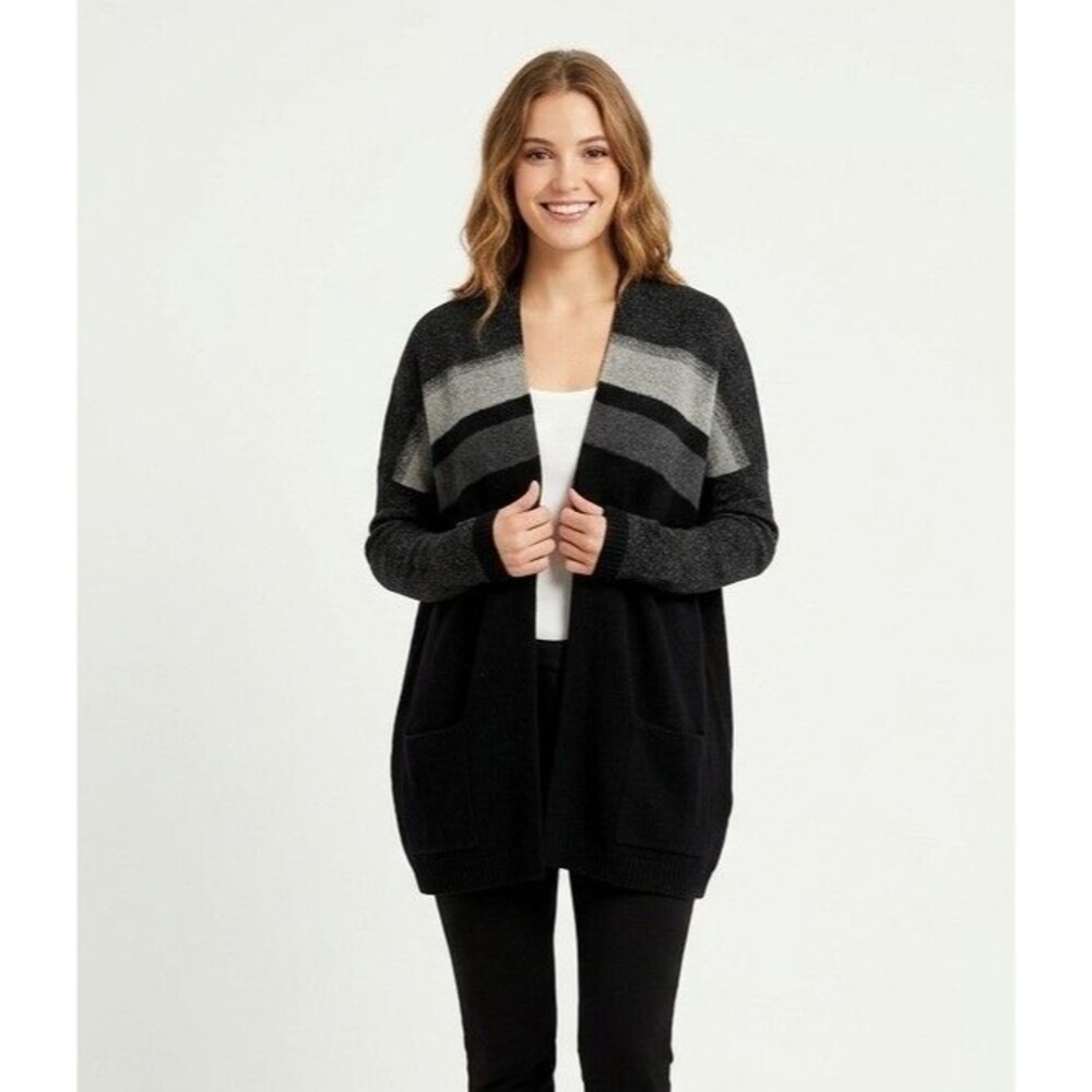 Vince Variegated Stripe Wool Cashmere Open Front Cardigan XS Black Grey EUC